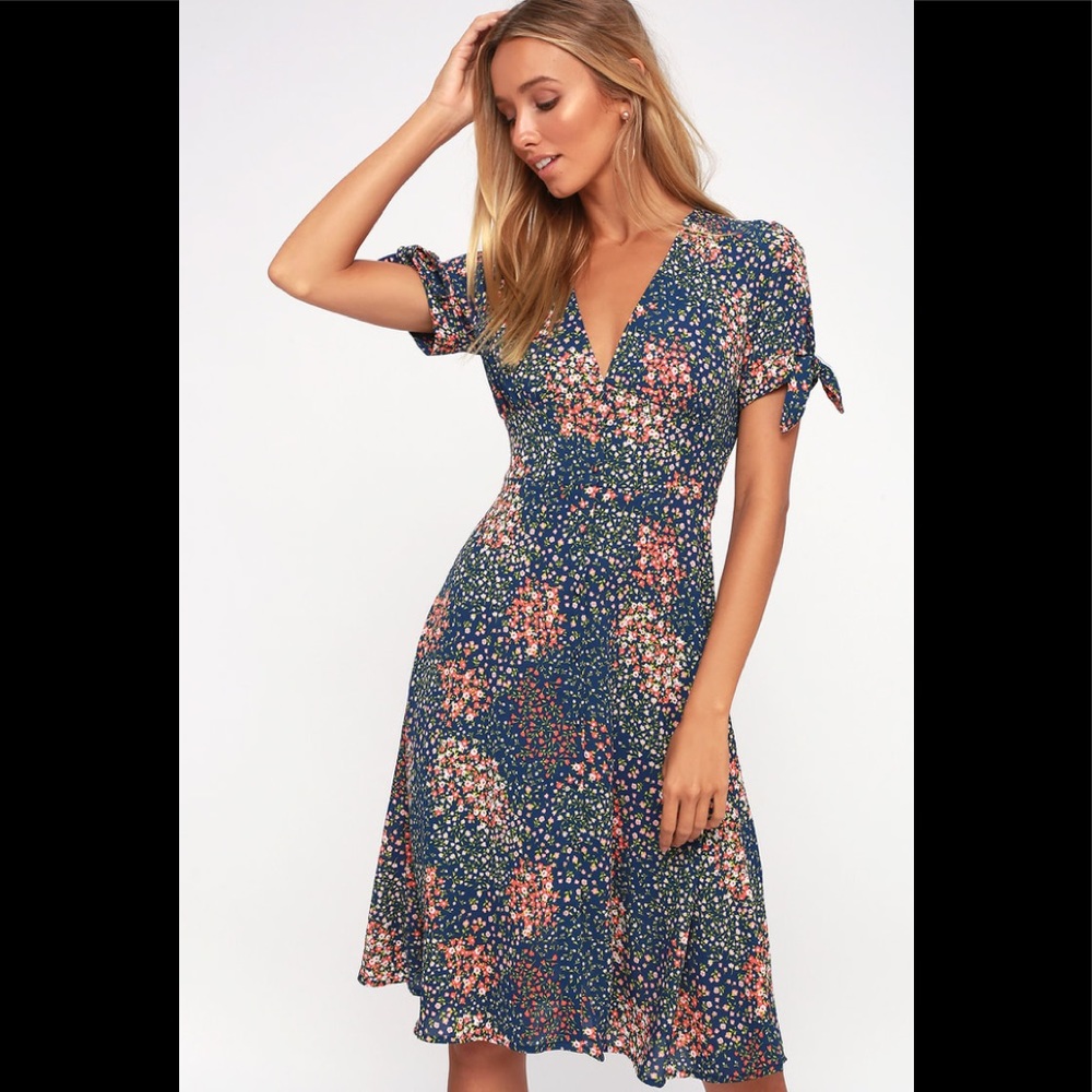 Navy Blue Floral Print Tie-Sleeve Midi Dress